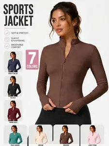 Women's Stand Collar Full Zip Yoga Jacket, Slim Fit Soft Breathable Long Sleeve Athletic Coat with Thumb Holes for Gym Pilates Running Daily Wear