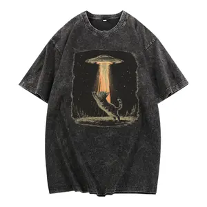 Vintage Inspired Washed Cotton T-Shirt Featuring Captivating Cat and UFO Design for a Nostalgic Look