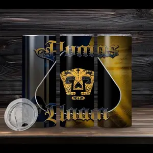 Pumas UNAM 20oz Tumbler with Black and Gold Design, Featuring Gold Text and Decorative Elements - Bottle, Drinkware