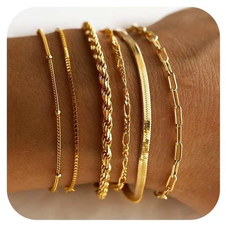 DEARMAY Women's Gold Bangles Bracelets Set - Waterproof, Trendy Thin Dainty Stackable Cuban Link & Paperclip Chain Fashion Accessories, Greenish Spring Gift for Women
