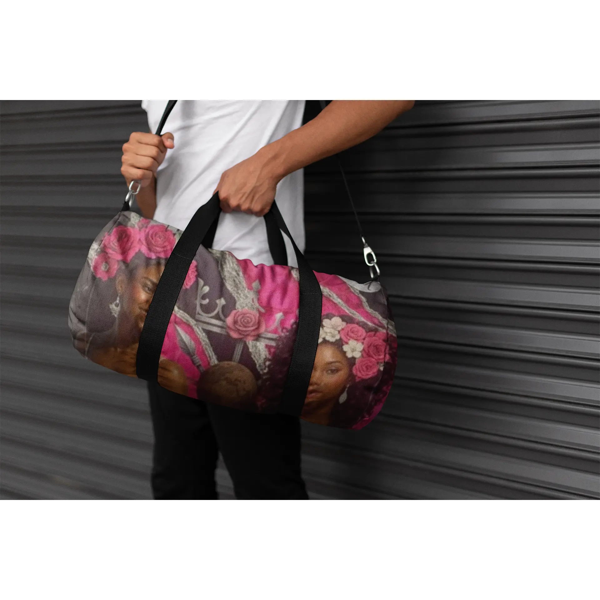 Princesses ZaVari Rose & Kaelis Thorn Duffel Bag, Blossoming Guard Girls’ Sleepover & Cheerleading Practice Bag, Pink Silver & Black Marble