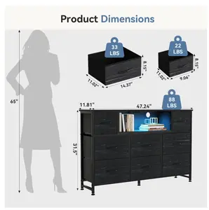 55 inch TV Stand Dresser, 8 Fabric Drawers Storage Organizer for Bedroom Living Room, LED & Charging Station, Wood Black