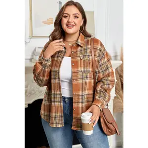Women's Plus Size Plaid Polyester Shacket Jackets - Long Sleeves, Button-Up, Flap Pockets, Casual Outerwear Coats, Perfect for Jeans, Casual Tops