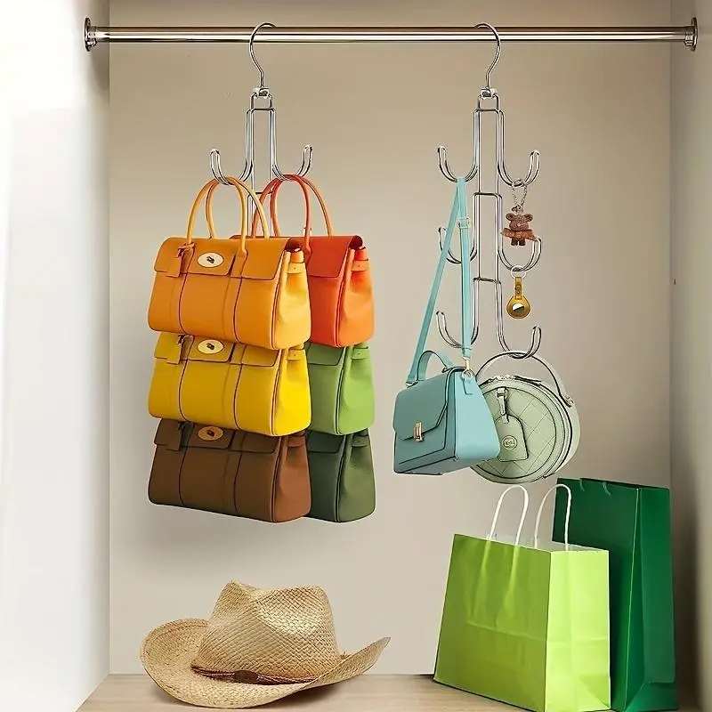 1pc 360 Degree Rotatable Metal Purse Hanger Organizer For Closet - Space Saving Backpack Rack For hotel Use - Silvery