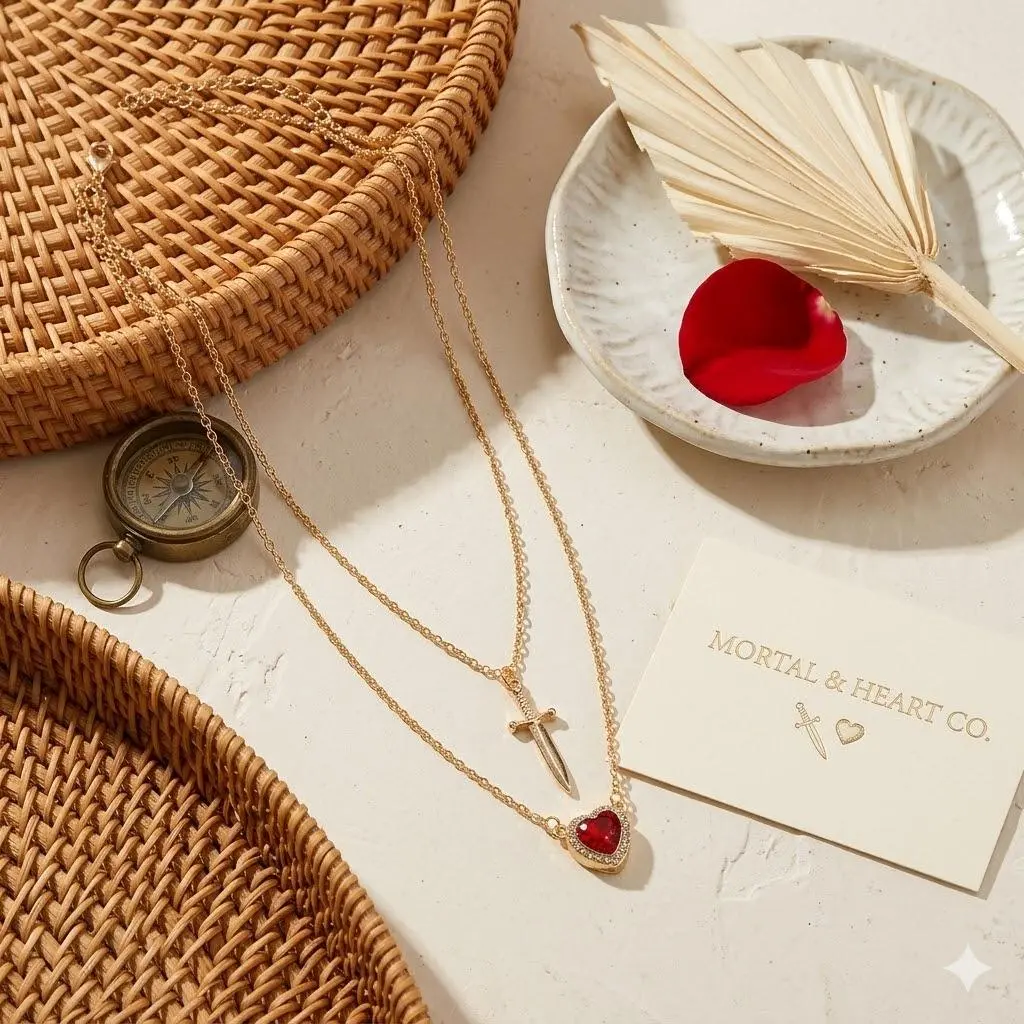Valentine Red Crystal Heart Dagger Necklace Women Vintage Gold Clavicle Chain