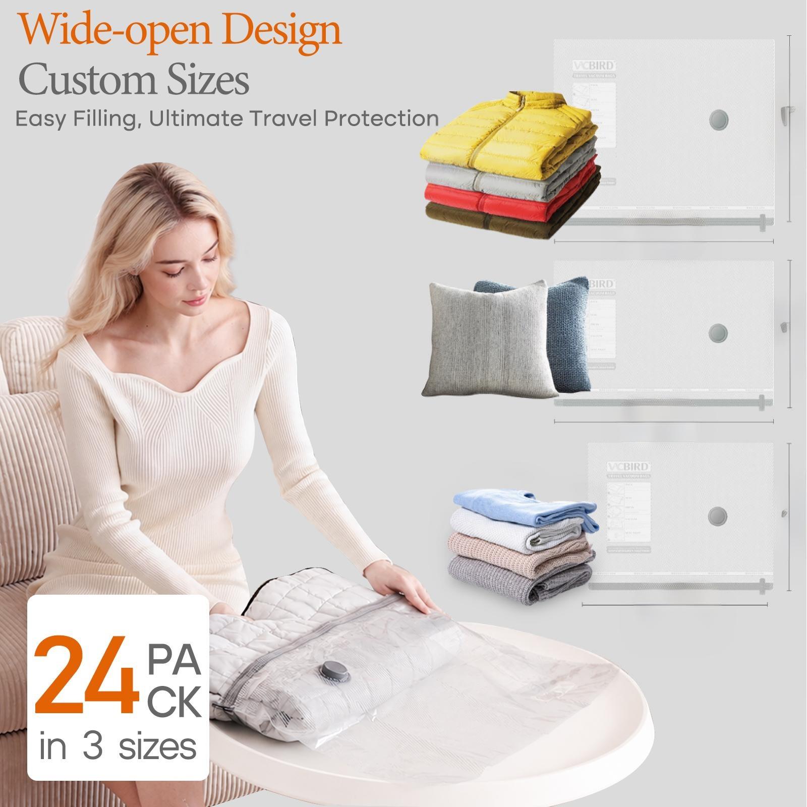 2026 Upgraded Cordless Vacuum Compression Bag Set, 24 Pack 3 Sizes  Travel Storage Bags, USB Rechargeable Handheld Pump, Waterproof Reusable Space Saver Zipper Pouches for Luggage Suitcase Clothes Carry-On Packing