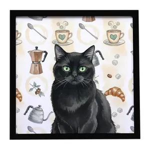 Carolines Treasures FNT1393MFP88 8x8 in. Persian Black Cat Coffee Graphic Framed Metal Print - Christmas Decor, Animal Art, Home Wall Art with Hanger