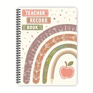 1pc Spiral Teacher Planner 5.5x8.3inch, Double-sided Printed Lesson Plans, Colored Pencil and Apple Design, Weekly and Monthly Layouts, Attendance and Grade Tracking, Durable Spiral Binding, Suitable for School, Office, and Classroom Organization