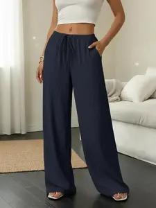 Available in multiple colors; summer women’s textured ruched drawstring wide-leg casual pants; drapey loose straight long pants; vacation/commute solid color elastic waistband pocket lightweight home and outdoor versatile casual trousers.