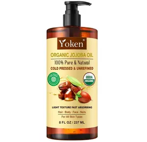 Yoken USDA Organic Jojoba Oil Cold Pressed 8 fl oz, 100% Pure & Natural Unrefined Jojoba Oil for Face Hair & Skin Massage, Hexane Free, Deeply Moisturizing Body Carrier oils Multi-Purpose Serum