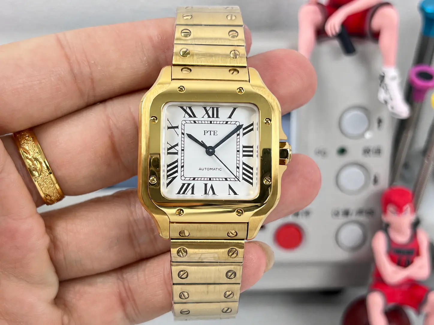 Luxury Automatic Square Watch for Men – Gold Stainless Steel Mechanical Dress Wristwatch with White Dial