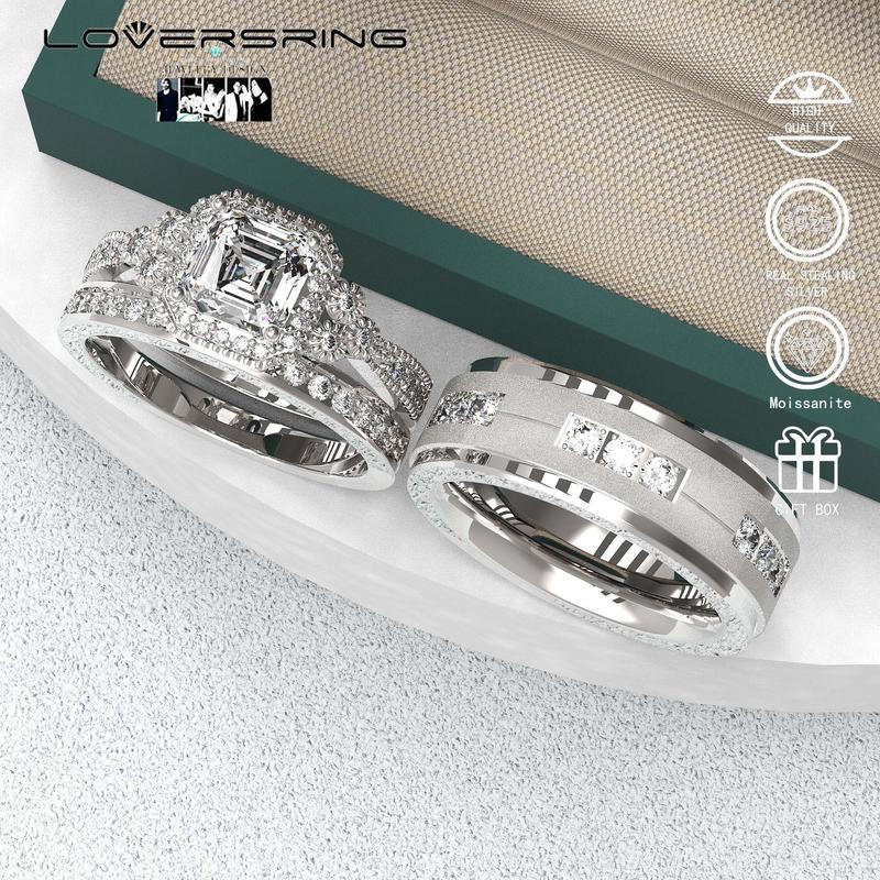Wedding Ring Sets His And Hers Promise Ring Wedding Ring Sets His And Hers Couples Women 925 Sterling Silver Square Cut Moissanite Man titanium Wedding Band