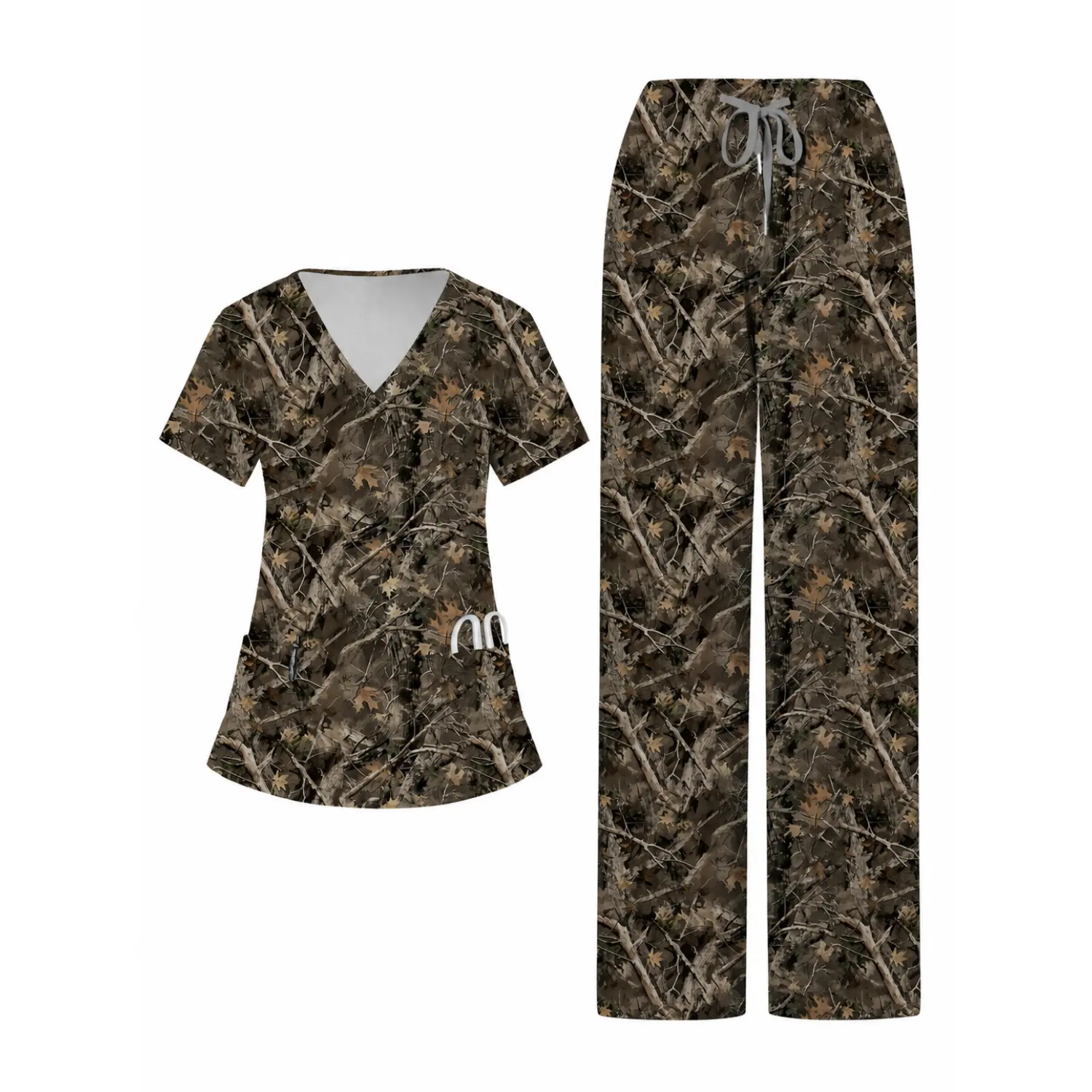 Camouflage Print V-Neck Short Sleeve Nurse Scrub Set, Healthcare Work Scrubs with Drawstring Waist Pants for Medical Professionals