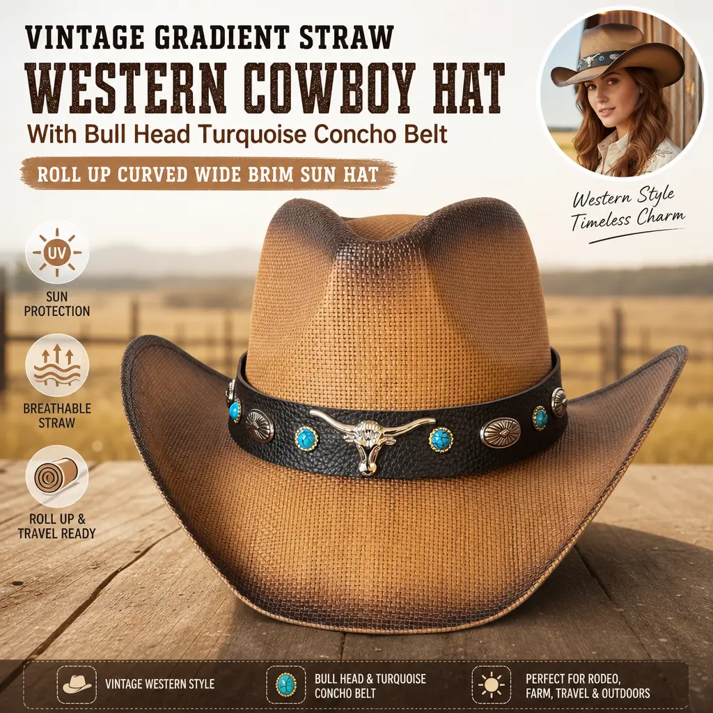 Vintage Gradient Straw Western Cowboy Cowgirl Hat With Bull Head Turquoise Concho Belt, Roll Up Curved Wide Brim Sun Hat, Travel Rodeo Farm Sun Protection Hat