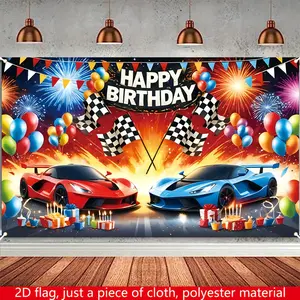 Reusable Polyester 2D Cartoon Racing Theme Birthday Banner, 1-Piece Large 180cm×110cm/70.8in×43.3in Red & Blue Firework Backdrop, Home Room Party Decoration Supplies