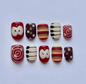 Whimsical Fruit Press-On Nails For Fall Autumn: Apple Design, Striped, Piano, Swirl, Stars, Brown Polka Dot Custom Fit