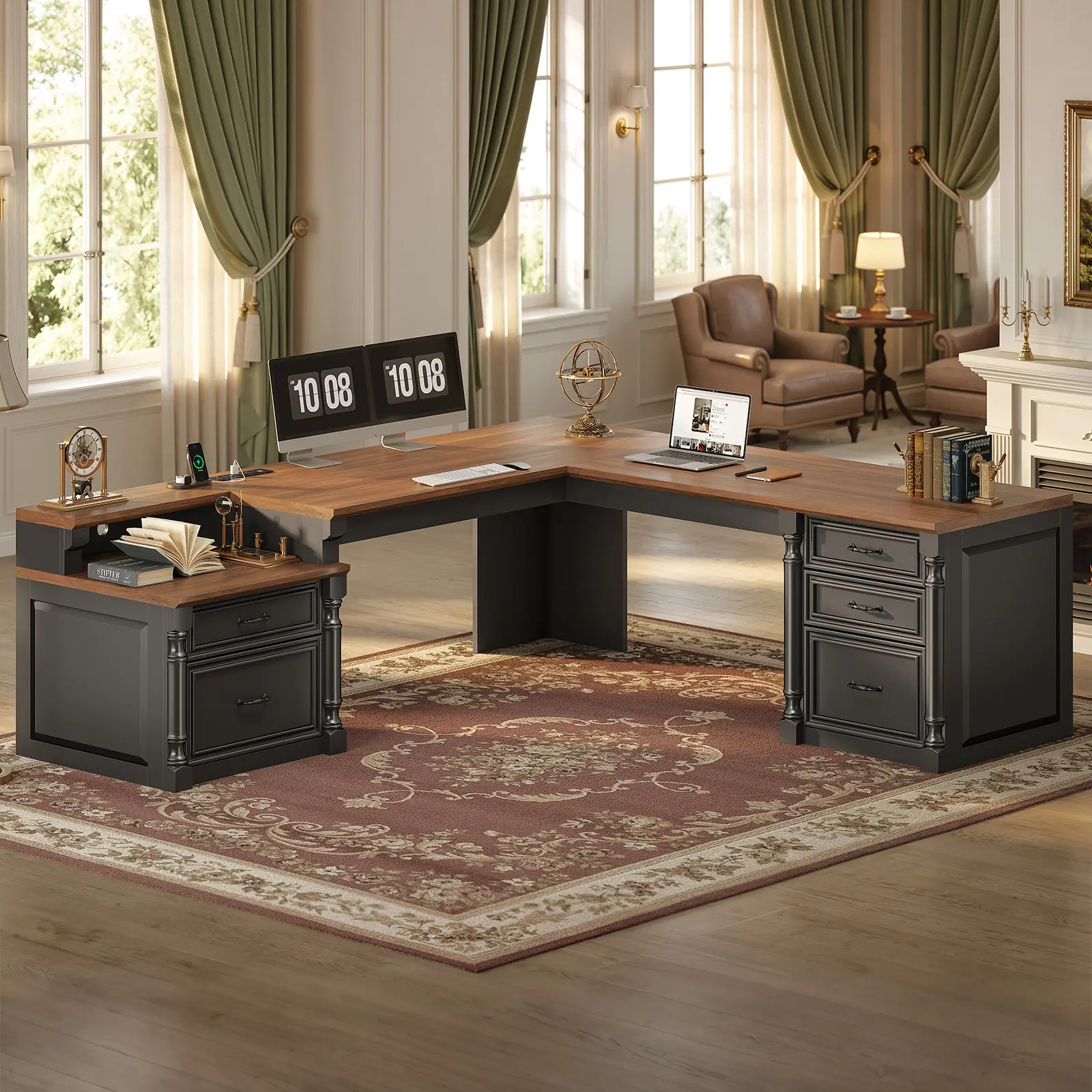 SEDETA 72.8" Large L Shaped Executive Desk with 5 Storage Drawers & Charging Station, Home Office Computer Desk with 2 File Drawers and Printer Shelf, Corner Writing Desk Study Table