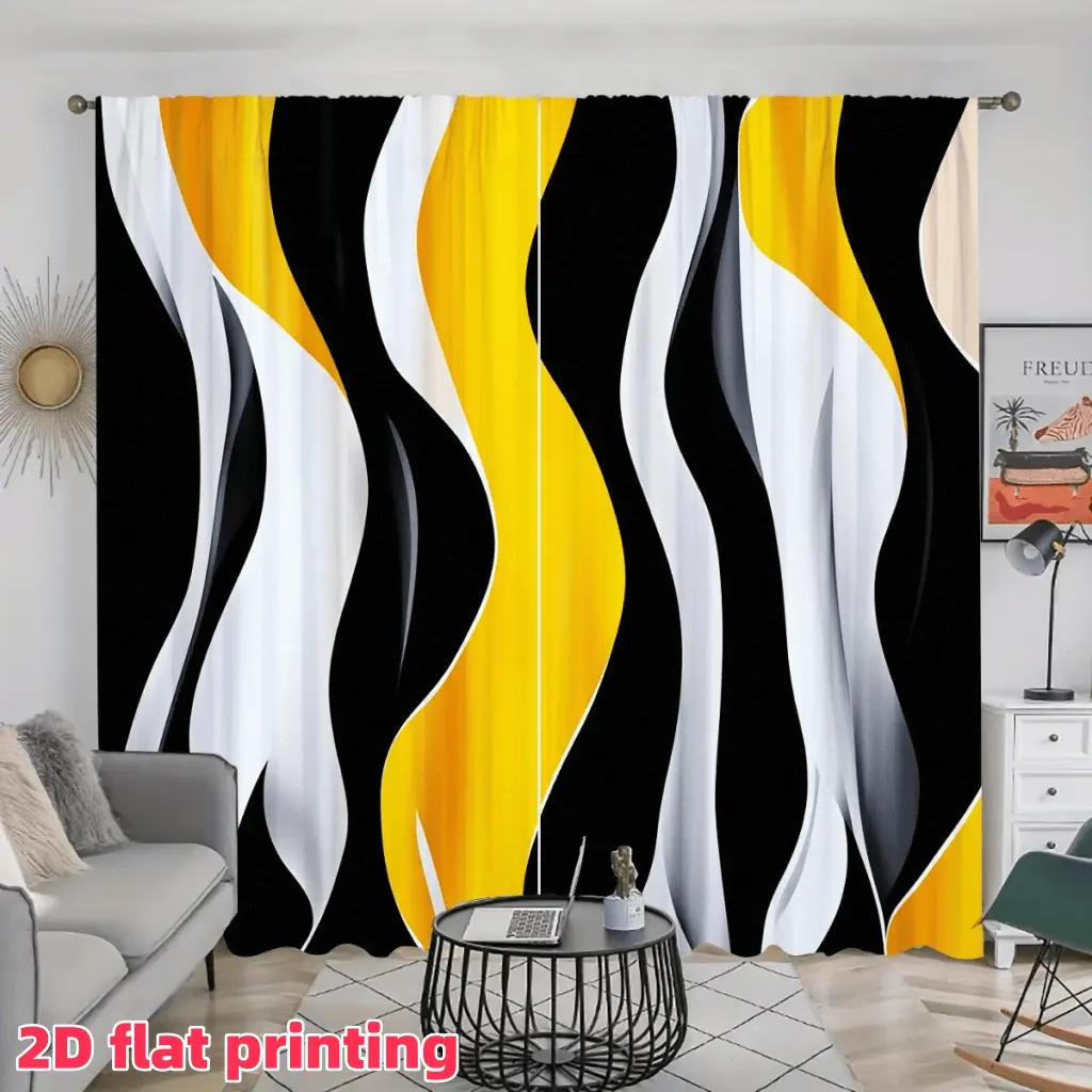 2D Flat 2Pcs Abstract Wave Curtains, Black White Yellow Striped Modern Art Decor Drapes for Living Room, Bedroom, Balcony, Study, Home Window Decoration, Home Decorative Curtain, Home Textile, Accessory, Anti-Privacy.