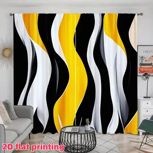 2D Flat 2Pcs Abstract Wave Curtains, Black White Yellow Striped Modern Art Decor Drapes for Living Room, Bedroom, Balcony, Study, Home Window Decoration, Home Textile, Accessory, Anti-Privacy.