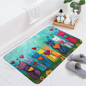 1pc Faux-Cashmere 100% Polyester Blue-Sky Green-Grass Heart-Hug Cats BATH MAT, shower light absorb slip-safe, cute-cat heal unwind, machine-wash gentle pet-friendly