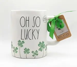 Rae Dunn Oh So Lucky Coffee Mug 18 Oz Ceramic, Clovers in the bottom, St Patrick's Day Cup,Artisan Collection St. Patrick’s Day Ceramic Cup, Hand-Painted Clover Bottom Tea Mug, Minimalist Luck of the Irish Gift