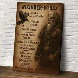Viking Code Wooden Picture Frame Wall Art, Vintage Nordic Decor with German Text & Viking Laws, Hanging Historical Theme for Living Room