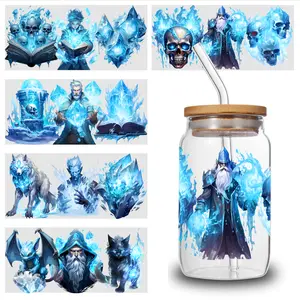 5 Sheets Ice Wizard UV DTF Stickers UV DTF 16oz Libbey Cup Wraps - Waterproof, Scratch-Resistant DIY Decals with 3D Crystal Effect, Self-Adhesive Transfer Paper for Cup Decoration, Floral & Bird Design
