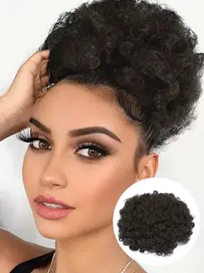 8-Inch Black & Multi-Colored Fluffy Afro-Style Drawstring Ponytail Wig — 60g Short Synthetic Afro Ponytail Extension, Designed for Natural Hair Textures; Clip-In Style for Creating a Voluminous, Curly Bun, Ideal for Holiday Parties and Special Occasions.