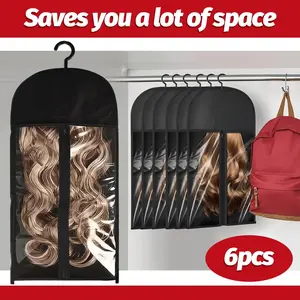 6Pcs Wig Storage Bag with Hanger 23.2in Dustproof Hair Extension Carrier Organizer with Transparent Window Non-woven Fabric Case for Closet Storage Travel Portable Protector