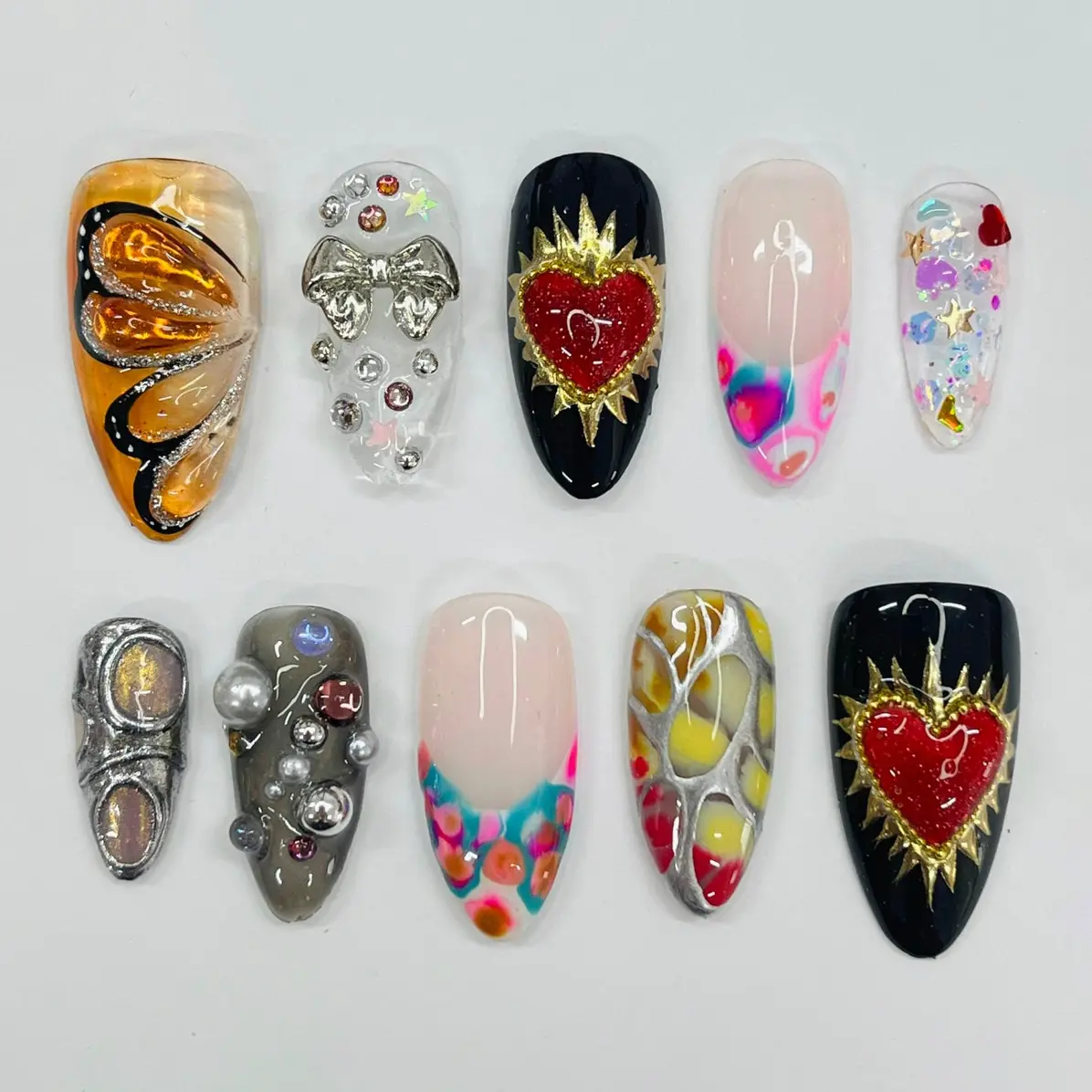 Spring Color Freestyle Medium Almond Press On Nails, Handpainted Fake/False Nails, Prom/Event/Birthday/ Vacation Nails