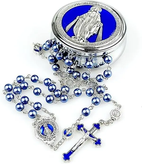 Catholic Rosary Necklace - 33g, 53cm, 6mm Acrylic & Glass Pearl Beads, Virgin Mary Medal, Crucifix, Prayer Beads for Women with Metal Gift Box, Rosaries, Crucifix Necklaces, Elegant, Artificial Pearl, Religious Pendant Necklaces