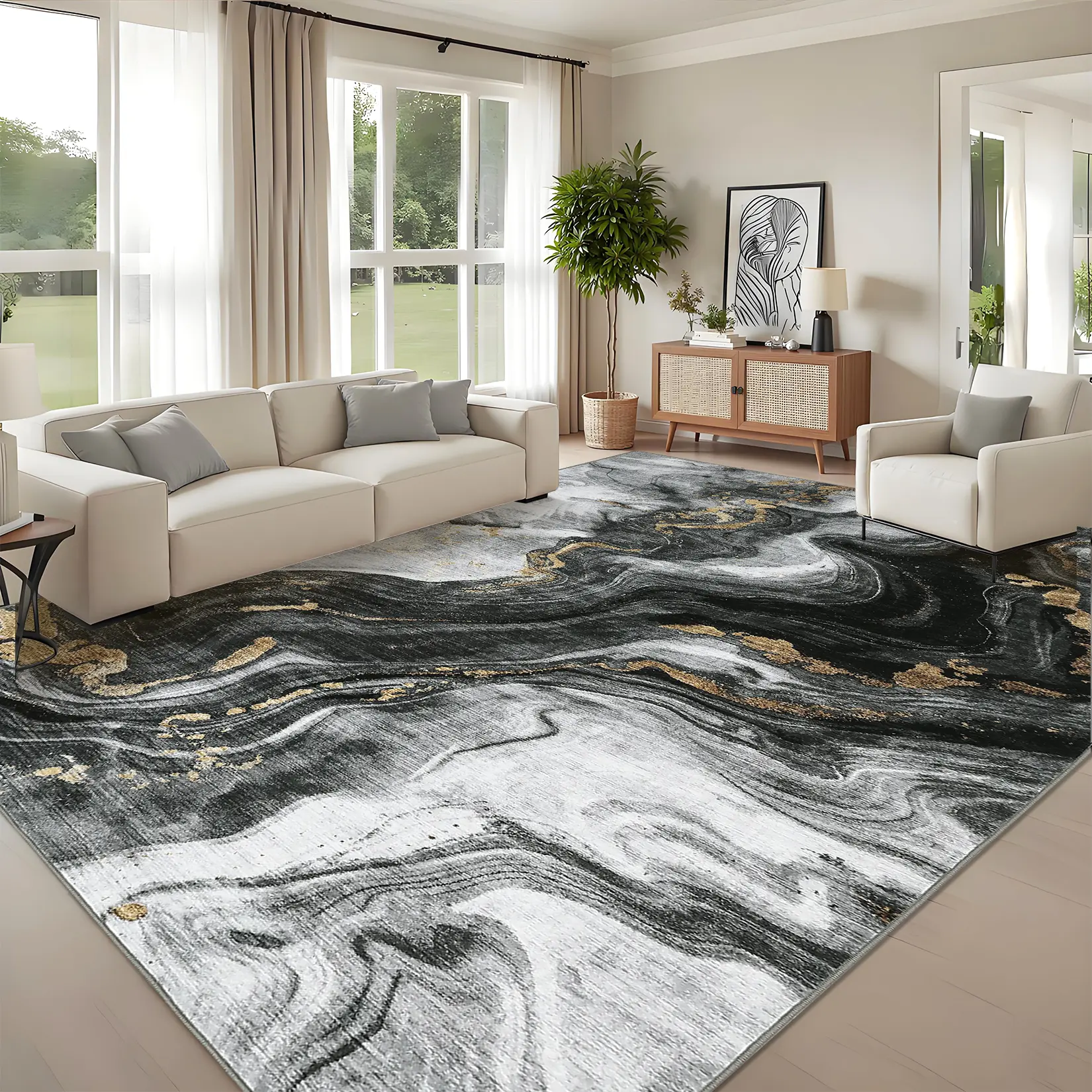 Garvee Washable Area Rug, Modern Abstract Marble Twist Print - Pearl Velvet 1200GSM Low Pile, Non-Slip Compact Polyester, Easy-Clean Indoor Carpet for Living Room/Bedroom/Office - 8x10 ft