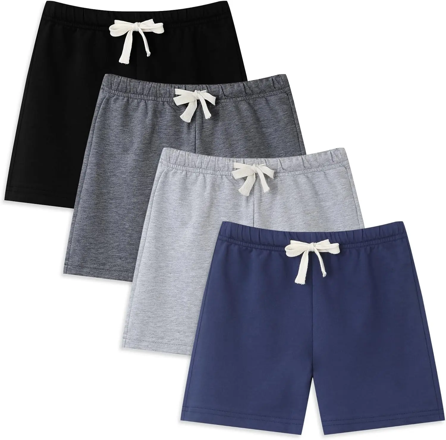 Boys' & Toddlers' 4-Pack Breathable Comfy French Terry Cotton Shorts, Elastic Waist with Drawstring, Everyday Summer Athletic Casual Shorts, Breathable Comfy Shorts, Everyday Shorts