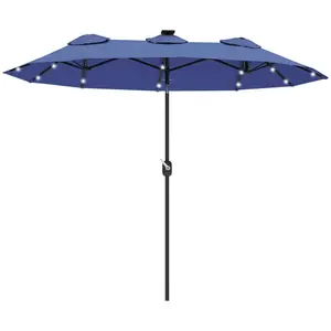Solar Illuminated Patio Parasol Double Sided Umbrella For Table Or Base 9.7 Ft Wide 45 Deg Tilt 36 Solar LEDs On 12 Ribs Crank And Latch