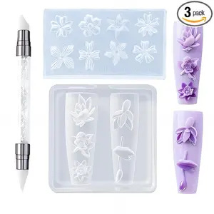 Silicone Nail Art Molds, 3 Pcs 3D Flowers Nail Charm Molds with Carving Pen, Reusable Clear Nails Art Mold for Resin Craft Accessories