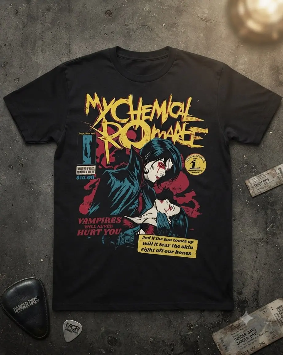My Chemical Romance "vampires will never hurt you" t-shirt, Short Sleeve Crew Neck T-Shirt, Pull On, Casual