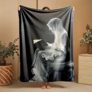 1 piece Mysterious ghostly woman reading scene themed flannel blanket - Oversized comfortable flannel sofa blanket, suitable for beds and sofas, modern geometric pattern design, all-season use, digital printing, 100% polyester material, machine