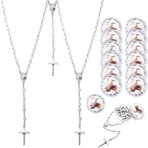 12-Pack Handcrafted Christian White Bead Scented Wood Rosaries with Guardian Baby Angel, Bulk Box Religious Decorations, Baptism Gifts for Kids, Hand