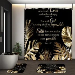 LVRLVR 4Pcs Black and Gold Tropical Leaf with Inspirational Text Print Luxurious Faithful Multi-Color Shower Curtain Set 70.8×70.8 Inch
