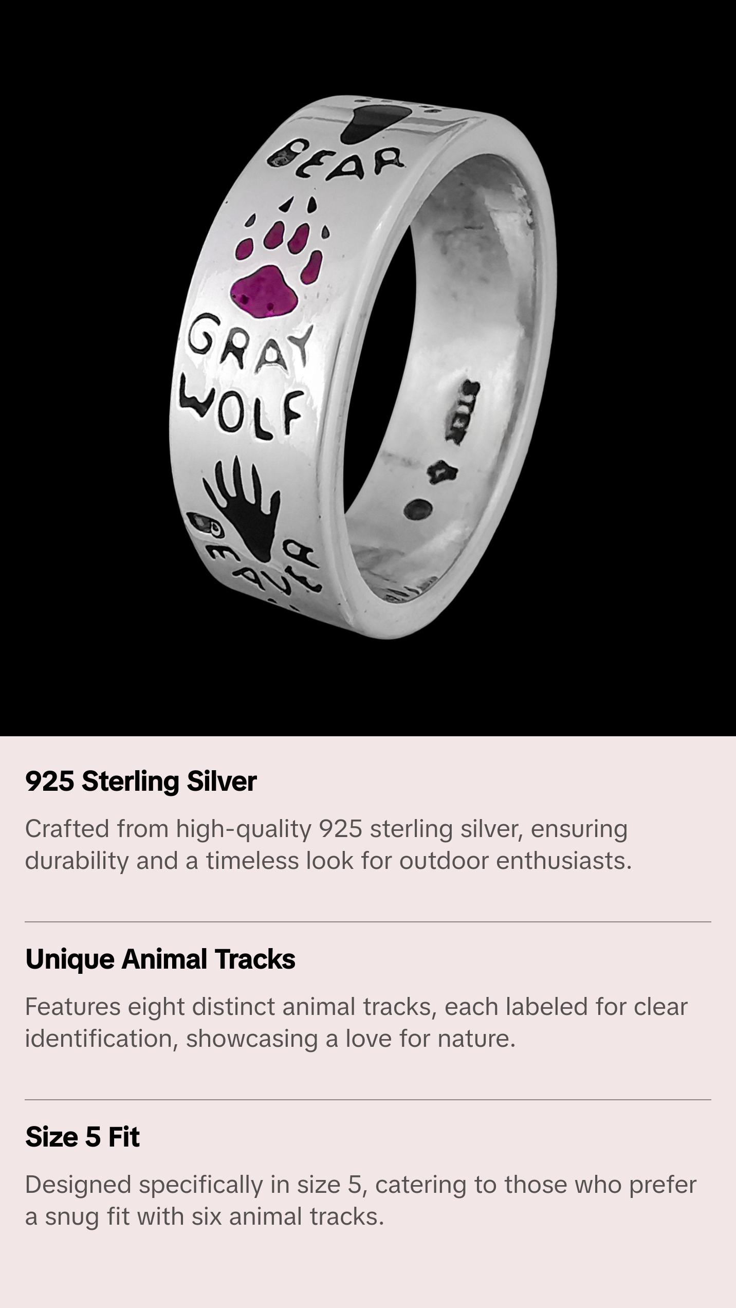 925 Silver Band Ring - Size 5 - Outdoor Enthusiast - Animal Tracks - Raccoon, Mustang, Moose, Lion, Coyote, Beaver, Wolf, Bear