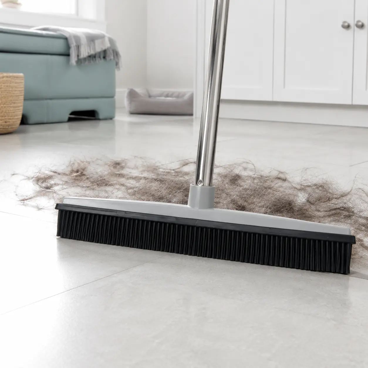 2-in-1 Smooth Grey Pet Hair Remover Rubber Broom & Squeegee with 3-Section Detachable Adjustable Stainless Steel Handle, Daily Cleaning Tool for Carpet, Tile, Hard-to-Reach Narrow Corners