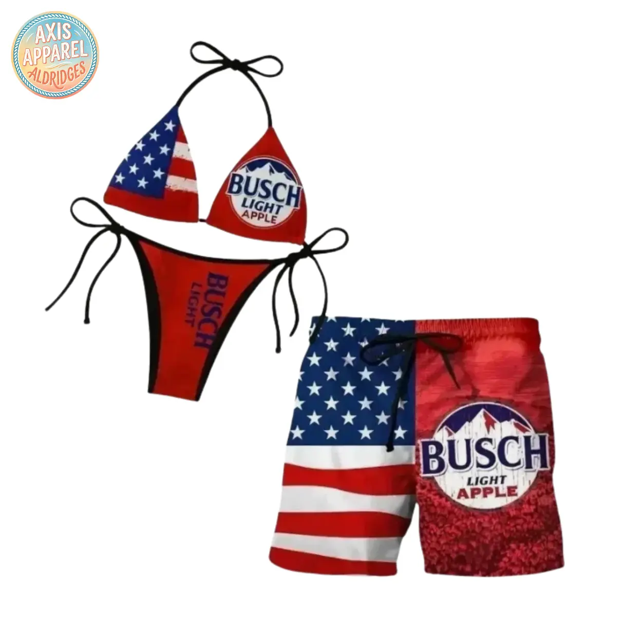Apple Light Beer American Flag Bikini and Swim Trunks Matching Couple Set, Stars and Stripes Full Print String Halter Top Side Tie Bottom, Quick Dry Lightweight Beach Shorts, 4th of July Summer Pool Party Outfit, Gift for Men Women