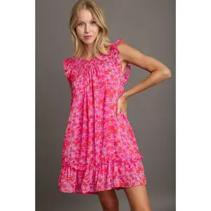 Umgee Full Size Smocked Detail Floral Metallic Ruffle Cap Sleeve Dress Plus Size
