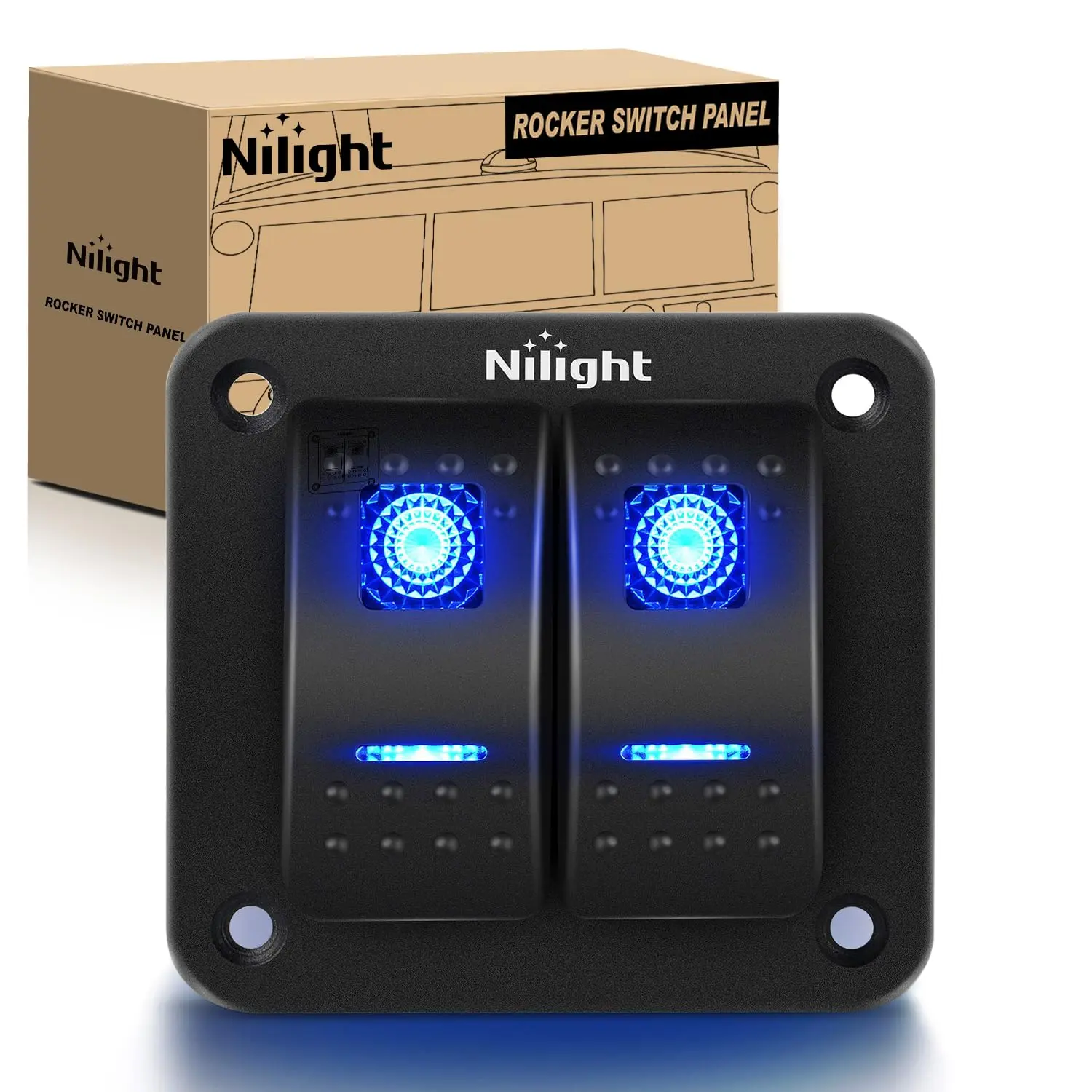 Nilight 90106B 1x 2-Gang 5-Pin Pre-Wired On-Off Rocker Switch Panel, Waterproof Aluminum Construction, 12V/24V DC for Cars, Marine Vessels, 2-Year Warranty, Blue
