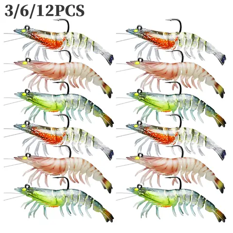 KLYVIONIS Pre-Rigged Real-Shrimp Motion Soft Lures - Fishing Gear Supplies, 3/6/12PCS 9cm 12g TPE Body, Luminous Hook Bait with Luminous Effect, Saltwater Fishing Lures for Fresh/Salt Water Predator Attraction Tackle