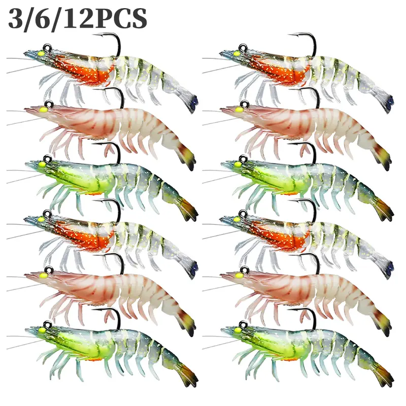 KLYVIONIS Pre-Rigged Real-Shrimp Motion Soft Lures - Fishing Gear Supplies, 3/6/12PCS 9cm 12g TPE Body, Luminous Hook Bait with Luminous Effect, Saltwater Fishing Lures for Fresh/Salt Water Predator Attraction Tackle