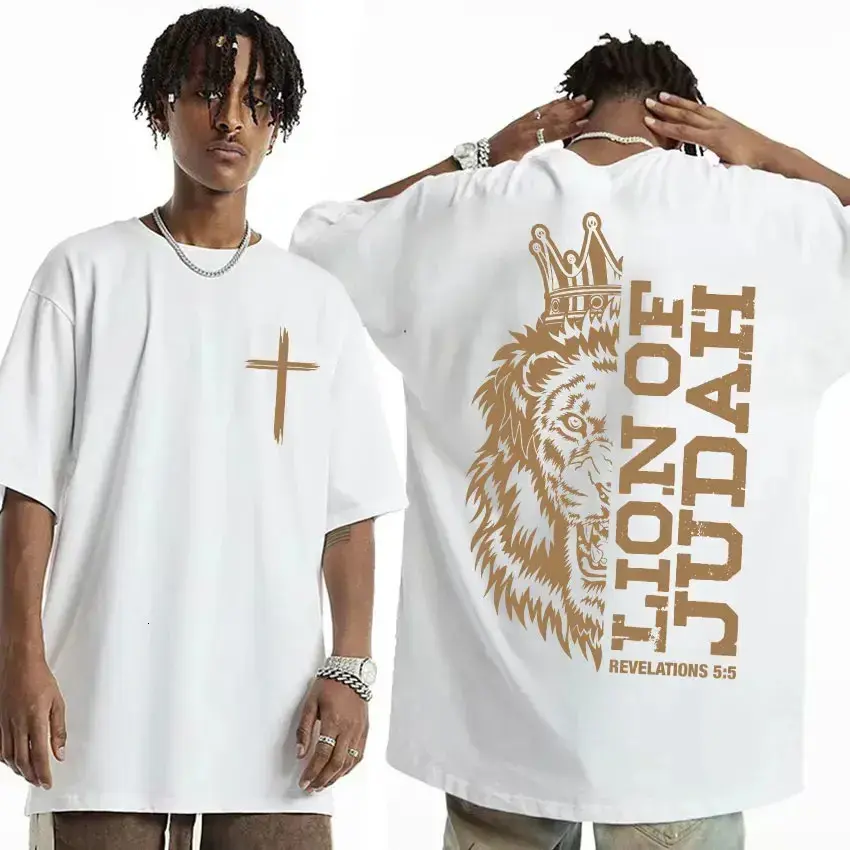 Men's Retro Simple Soft Crown Lion Cross Faith Print Cotton T-shirt - Short Sleeve Oversized Loose Top, Breathable Distressed Fabric, Vintage Streetwear Menswear for Cargo Pants Matching