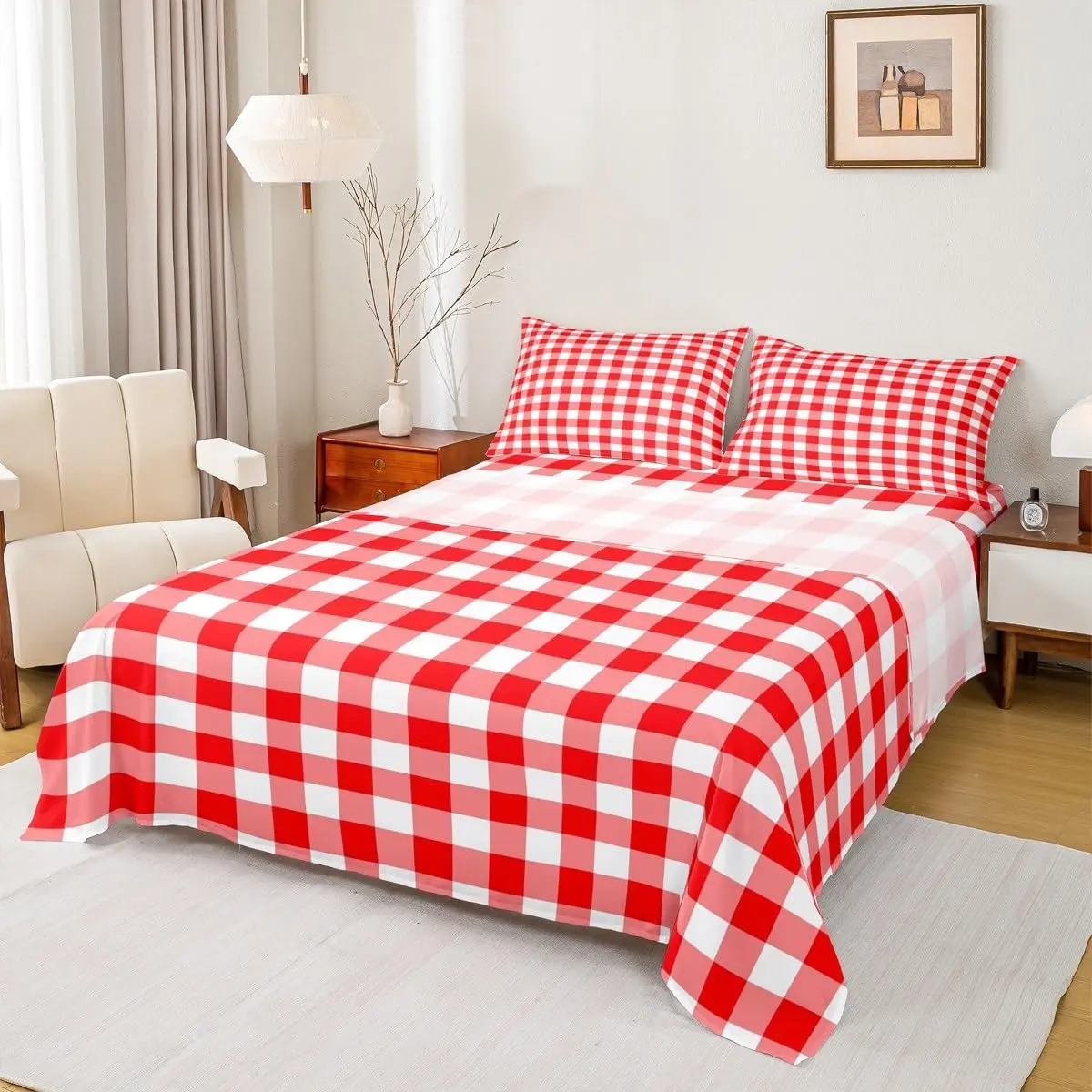 Gingham Print Bed Sheet Set,Red and White Checkered Sheet Set,Room Decor,Modern Vintage Style Grid Plaid Bedding Set,(1 Fitted+1 Flat Sheet )