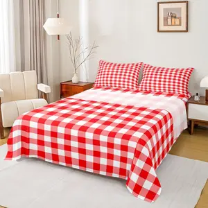 Gingham Print Bed Sheet Set,Red and White Checkered Sheet Set,Room Decor,Modern Vintage Style Grid Plaid Bedding Set,(1 Fitted+1 Flat Sheet )