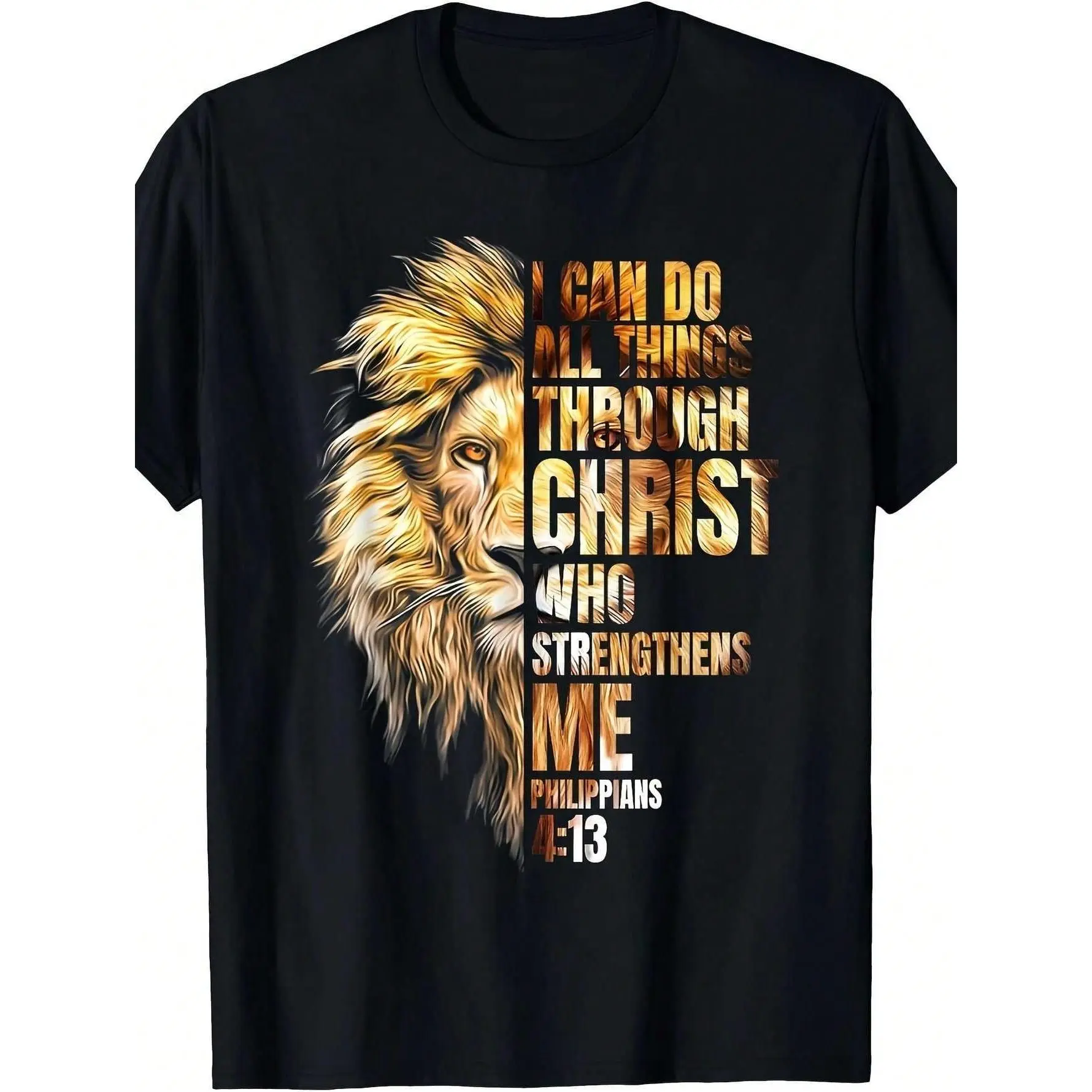 Men's Christian Cotton Knitted Round Neck Short-Sleeve T-Shirt - "I Can Do All Things Through Christ" Lion Faith Tops, Menswear Summer Outfit